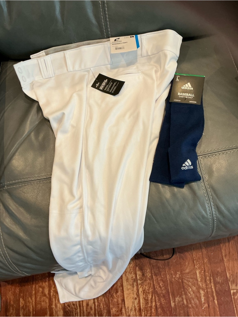 Champro Men's White Baseball Pants Large New with tags and Adidas Navy socks L